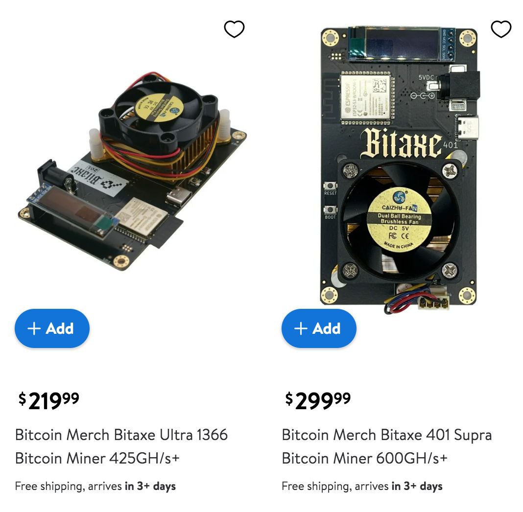 crypto_insiderd's tweet photo. 🤱 Das private Bitcoin Mining von zuhause (HomeMining) wird immer beliebter.

Der weltweit größte Einzelhandelskonzern Walmart vertreibt deswegen neuerdings auch zwei Modelle von Bitaxe. https://t.co/1grjczUVAl