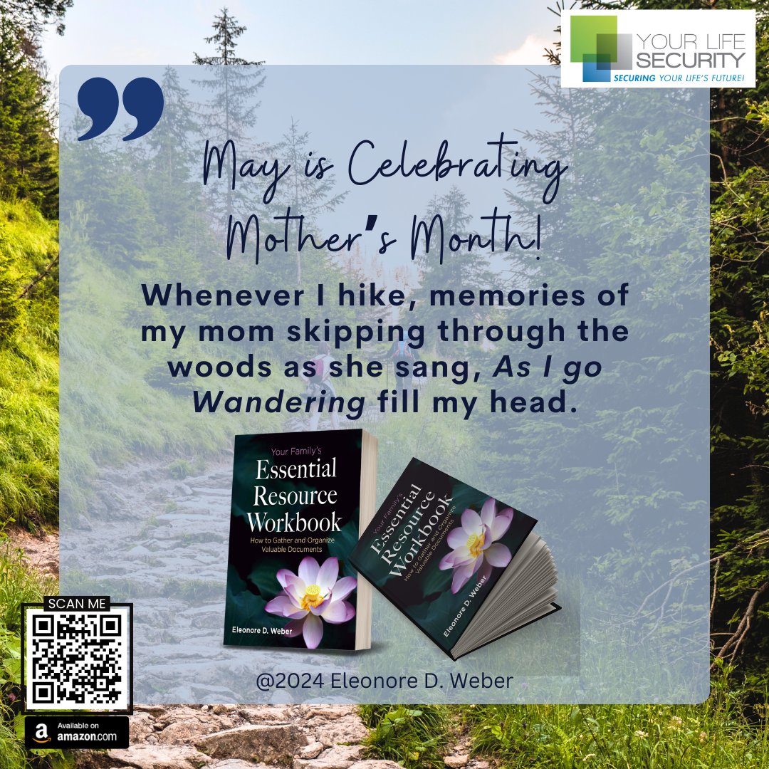 May is Celebrating Mother’s Month! Whenever I hike, memories of my mom skipping through the woods as she sang, As I go wandering fill my head. 

bit.ly/FamilyResource…
#EleonoreDWeber #FamilyPlanning #EstatePlanning #RetirementPlanning #Caregving #AssistedLiving #writerslift