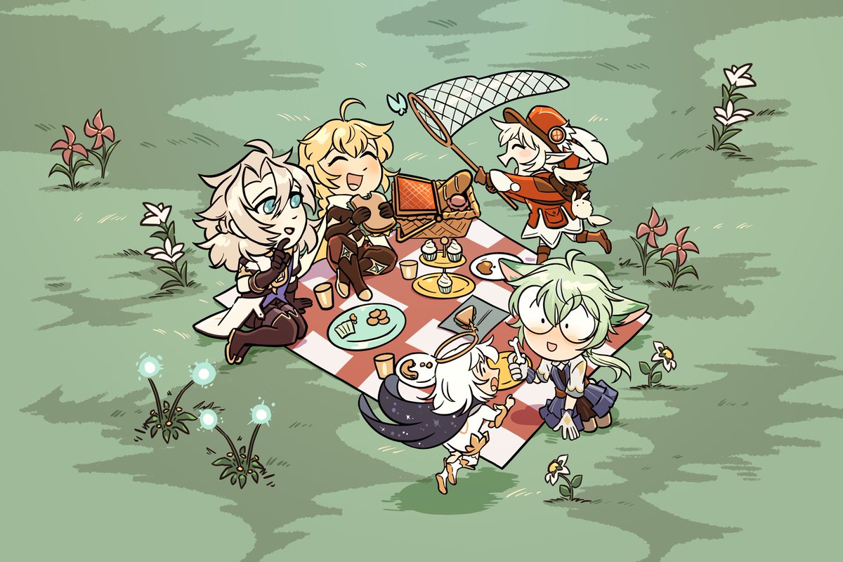 A lil summer picnic with the family 🌻

( albedo, sucrose, Aether, Klee 🍃 #GenshinImpact )