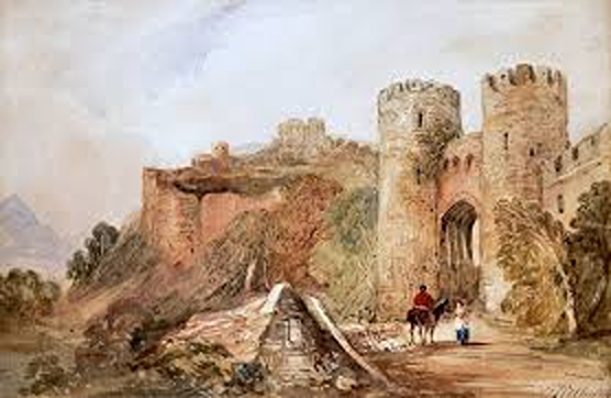 Selim Rothwell,  1815 - 1881,  British painter,  Figures on a path before a castle with landscape beyond