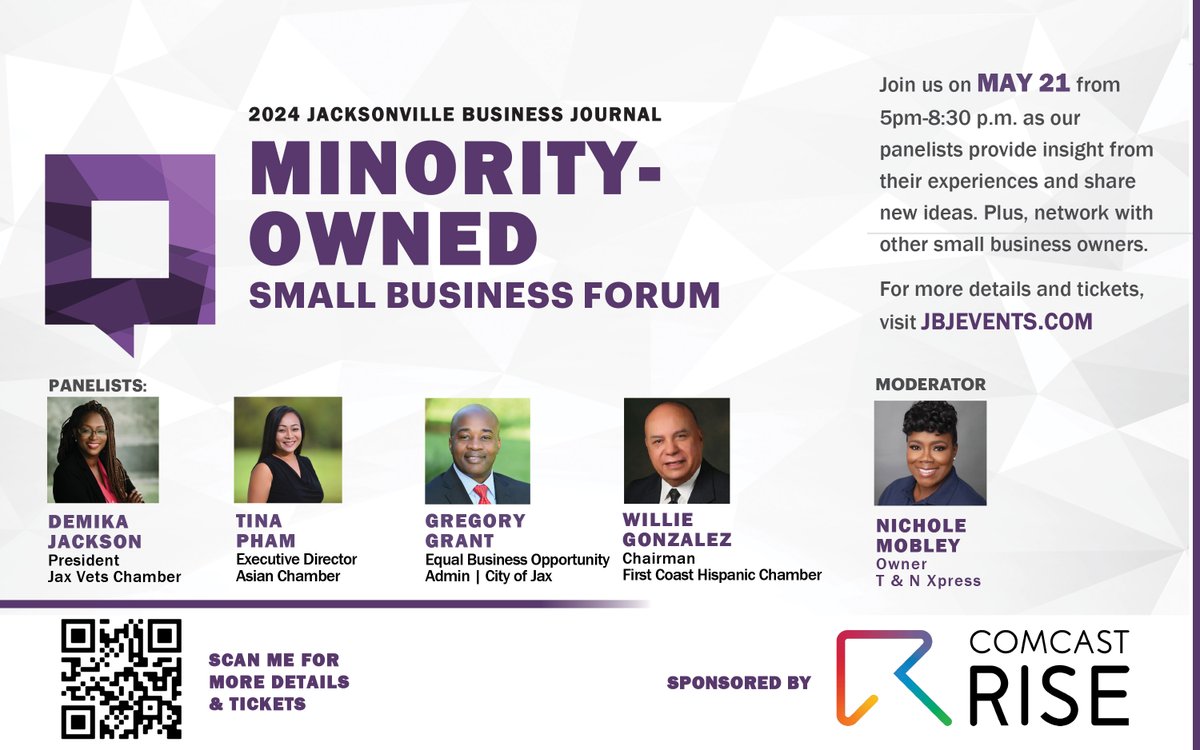 Join the Jacksonville Business Journal for their Minority-Owned Small Business Forum from 5:00-8:30 p.m on May 21st. Use promo code smallbiz for a $30 ticket. Learn More and Purchase Tickets: dtjax.com/events/minorit…