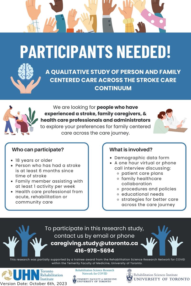 👋  We are looking for people who have experienced a stroke (has been at least 6 months since) or family caregivers to take part in a research study. Please share. Thank you! @HeartandStroke @CSC_Stroke @CdnCaregiving @marchofdimesca @UofTStroke #strokesurvivor #caregiver #stroke