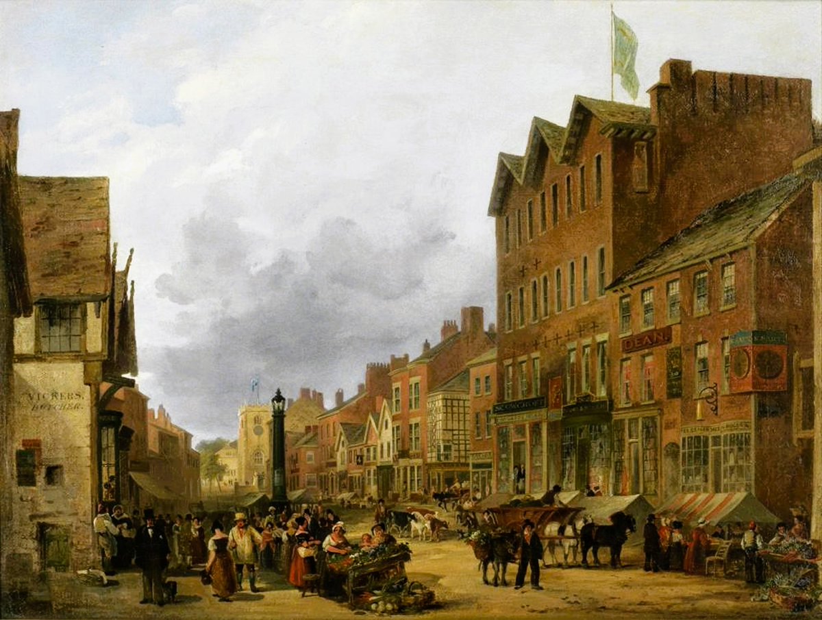 Selim Rothwell,  1815 - 1881,  British painter,  Market day at Bradshawgate, Bolton