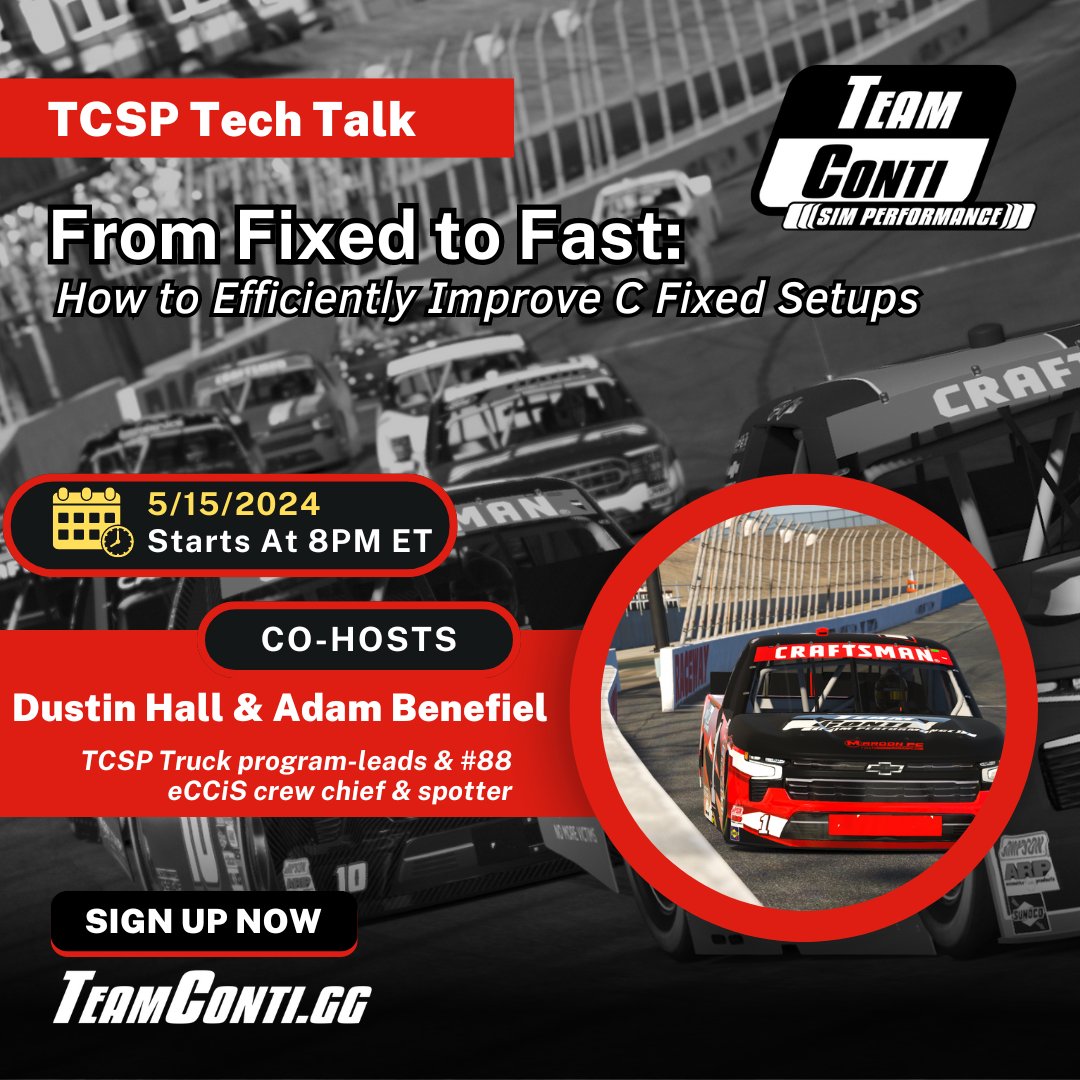 Fixed to Fast by TCSP is TOMORROW! For our second installment of this LIVE online series, @DustinHall37 and @adam_benefiel83 will dive into the NASCAR Truck and demonstrate how to improve on the iRacing-provided C Fixed setups in ~90min! Sign up: teamconti.gg/products/fixed…