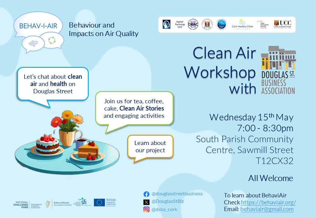 Looking forward to our #CleanAirWorkshop w/ @DouglasStBiz tomorrow 15th May 7pm

Join us at the South Parish Community Ctr for a cuppa, clean air stories & activities to champion #HealthyAir in #CorkCity

#CleanAirIsEveryonesBusiness
#SFI #NextGenerationEU #NationalChallengeFund