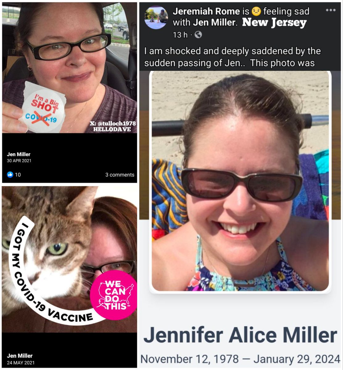 NJ - 45 year old Jennifer Alice Miller died suddenly on Jan.29, 2024.

She got a COVID-19 mRNA Vaccine with a sticker that said 'I'm a big SHOT, no COVID-19' on April 30, 2021.

These are so sad. These people had no idea they were being deliberately taken out.

#DiedSuddenly