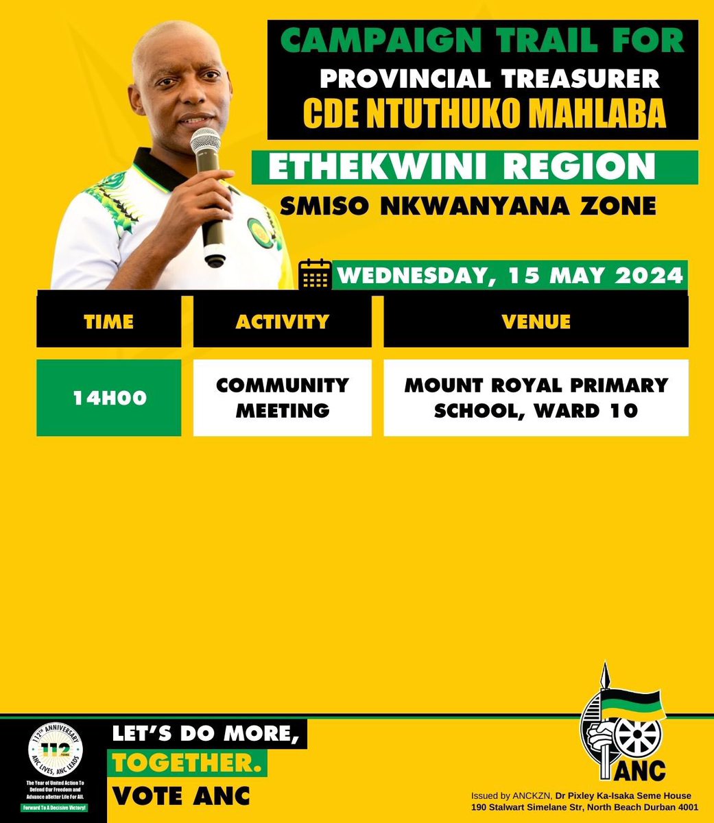 ON THE CAMPAIGN TRAIL ⚫️🟢🟡 ANC KZN Officials will be embarking on Door-to-Door campaigns and Community meetings in the eThekwini Region. #VoteANC2024 #LetsDoMoreTogether