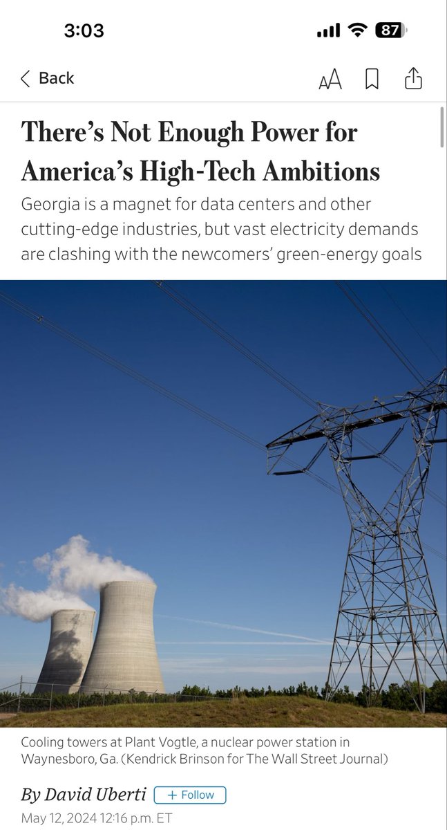 1/2 Many such articles lately. More computing = more power. Add in the push to electrify industry and transportation and we’ve got at a looming problem. Nuclear is great but takes forever to build. Renewables have reliability issues. No one likes gas/coal. Something has to give.