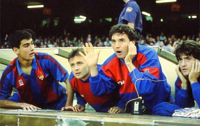 Guardiola, Cristóbal, Serna y Busquets en el apoteósico final liguero de la temporada 1991/92. #FCBarcelona