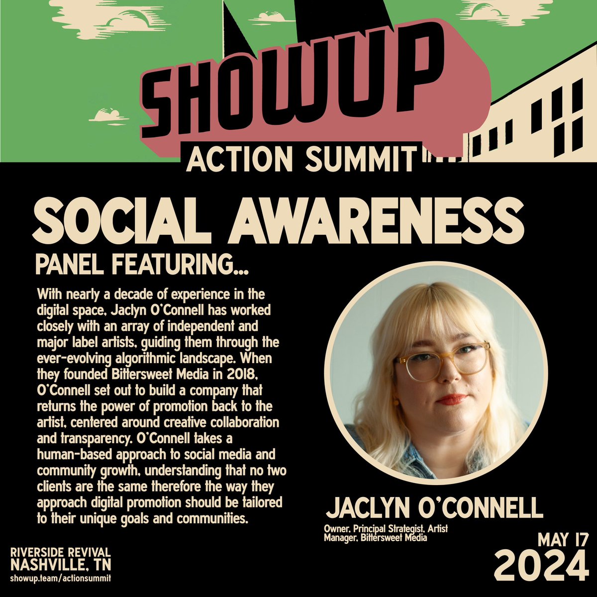 we’re in Nashville for #MusicBiz2024! Bittersweet Media is excited to be represented by @jaclyn_oconnell, speaking @ShowUp_team’s first ever #ShowUpActionSummit this Friday, May 17th!