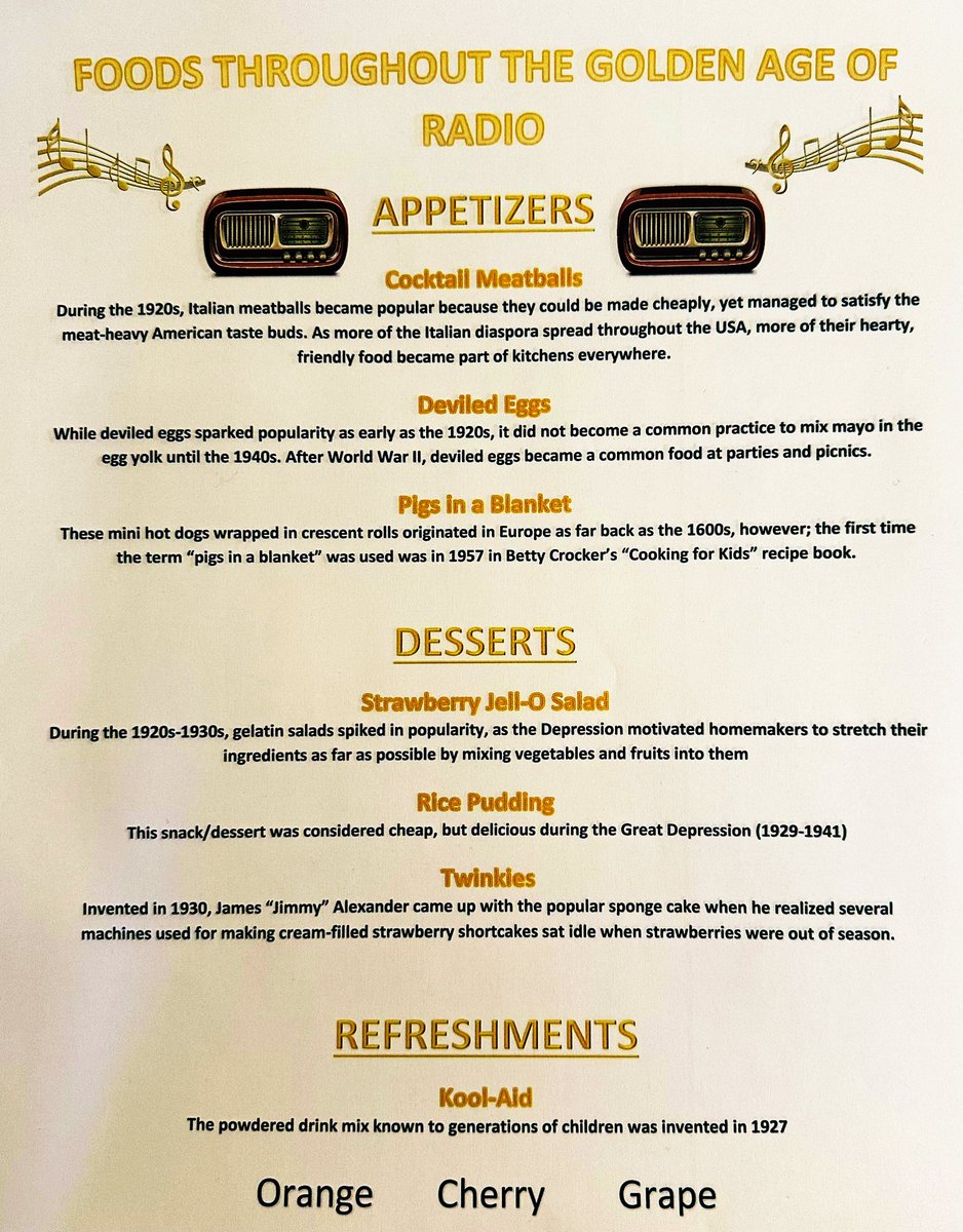 It’s National Nursing Home Week and we’re having a end of week social with different foods throughout the Golden Age of Radio (1920s-1950s) since that’s the theme.. Think my menu is good enough? 😂 Graphic Design is NOT my passion