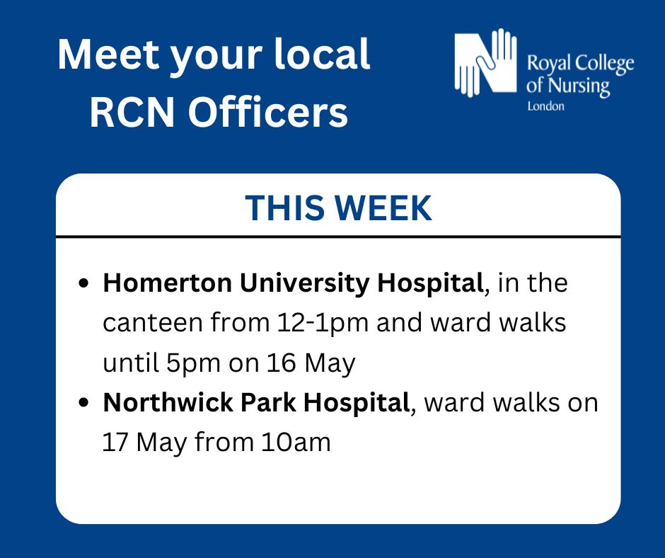 We're looking forward to meeting members later this week. This week we are coming to these workplaces 👇 Whether you are employed by the Trust or an agency worker, come and say hi, share any issues you might have and find out the latest news from the RCN.
