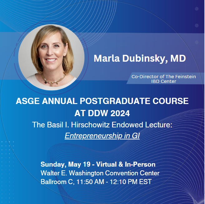 Don't miss the chance to learn from one of the best #IBD clinician-scientists in the world, Marla Dubinsky, MD - a dedicated #innovator in IBD care. Join this lecture at #DDW2024, and get inspired to carve out your own #entrepreneurial future where #healthcare meets compassion.