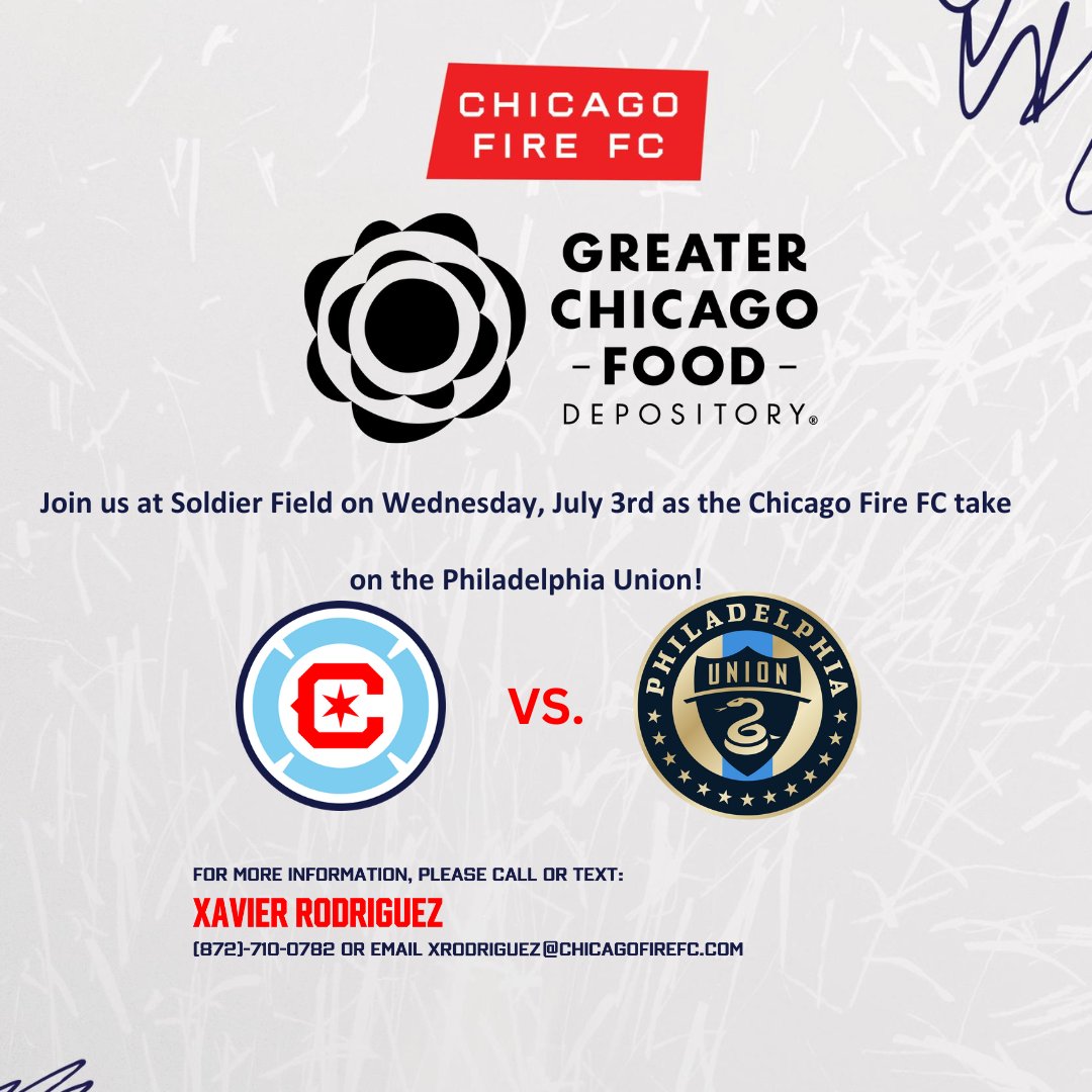 On July 3, join us at the @ChicagoFire game against the Philadelphia Union! For every order placed through this exclusive link, $5 will be donated to the Food Depository. You can enjoy a fun-filled night & help us #EndHungerNow! Purchase your tickets here: bit.ly/44HTlAq