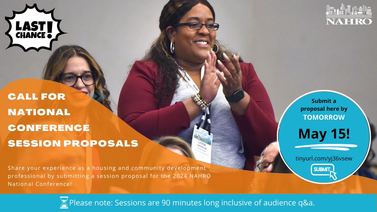 Last call! Don’t miss your chance to share your experience as a housing & community development professional. Submit a session proposal for this year’s Nat. Conference & Exhibition by tomorrow May 15, to discuss the challenges affecting #affordablehousing. tinyurl.com/yj36vsew