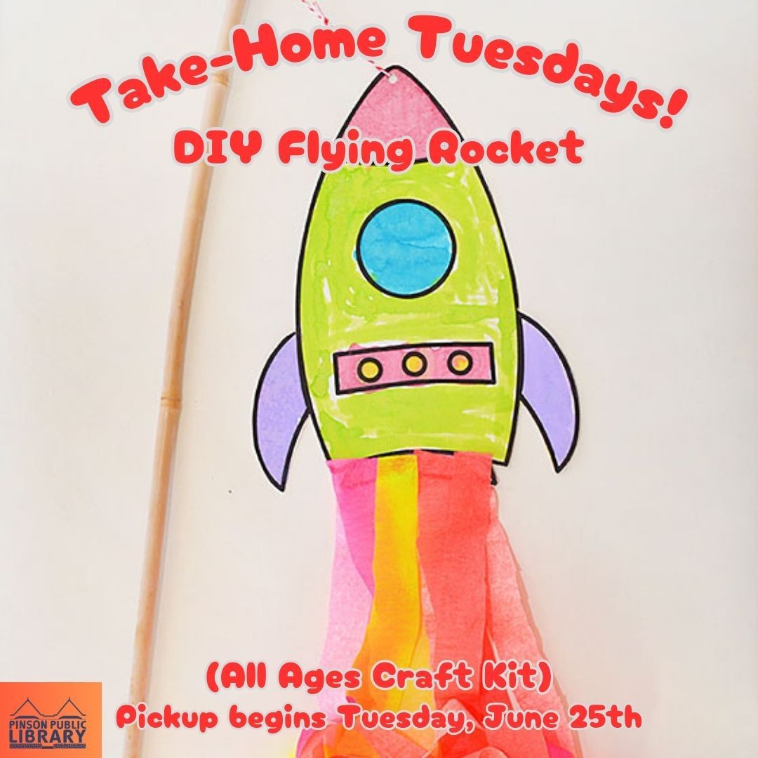 (All ages)

It’s Take-Home Tuesday! Drop by the library beginning Tuesday, June 25th at 9 AM to pick up an all-ages kit with a craft & fun surprise! This week’s theme is Adventures in Space!
Supplies are limited, so kits are available on a first-come, first-serve basis.