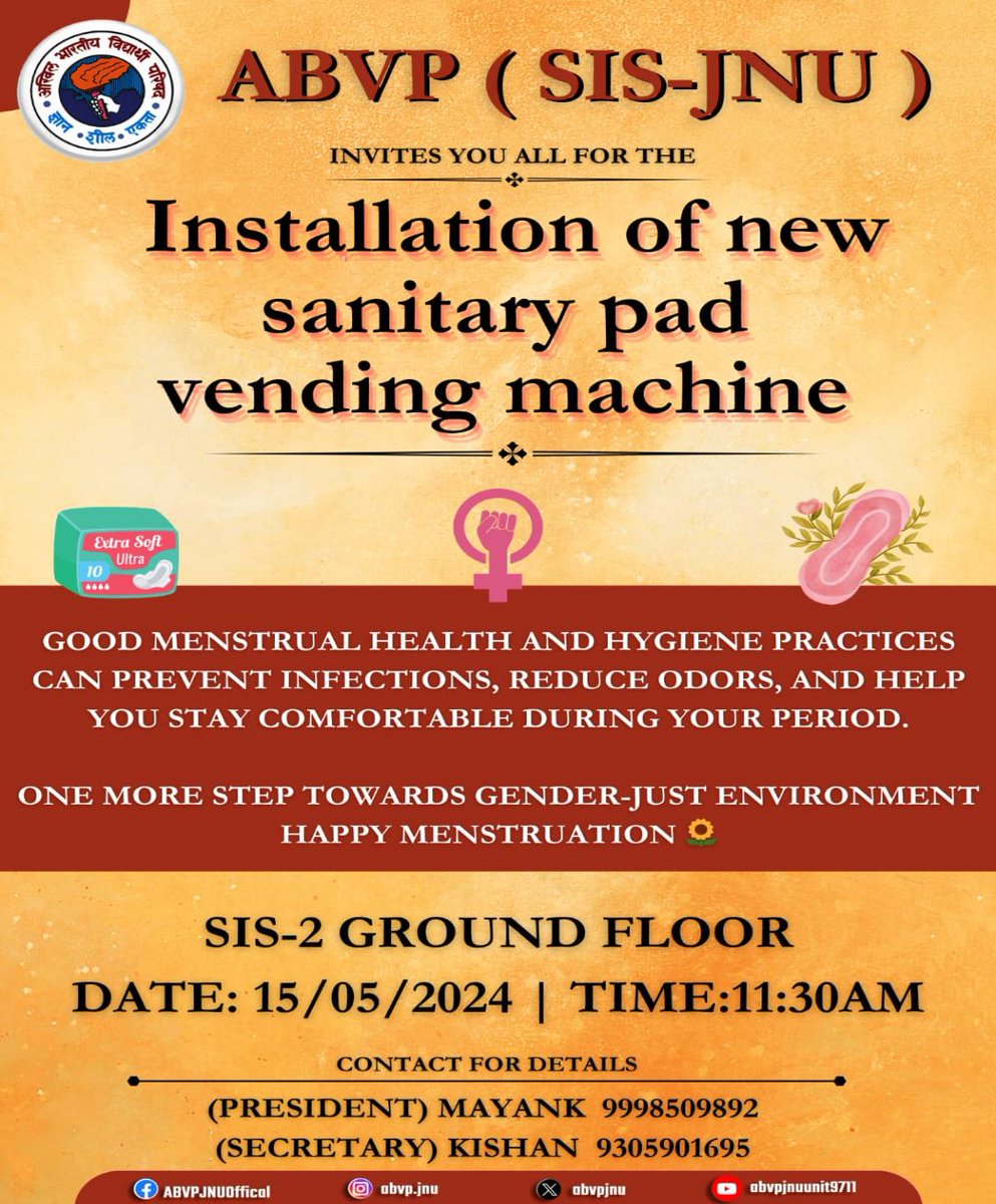 ABVP SIS - JNU invites you all for the Installation of the new pad vending machine. Location: Ground Floor, SIS-2 Date: 15/05/2024 Time: 11:30 AM #ABVP #JNU