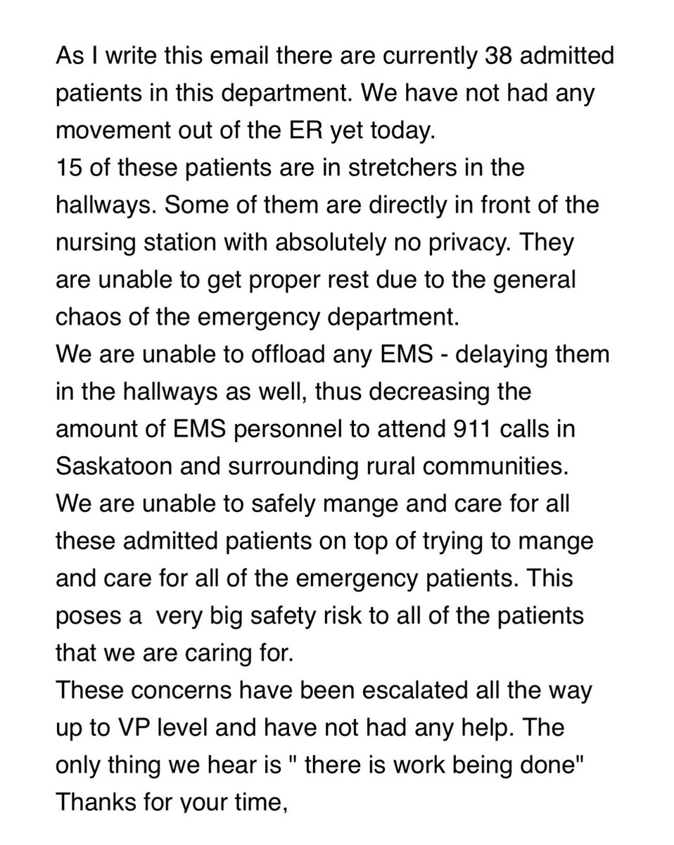 Everyone needs to read about the dangerous ER situation at Royal University Hospital. This was just sent to SUN. Things are getting MUCH worse. The shift began with 40 patients stuck in the ER waiting for a bed elsewhere in the system and 21 patients in the hallway. #skpoli