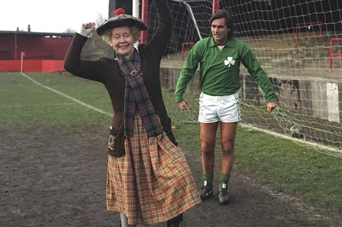 read the sad reports of Gudrun Ure's passing. Have another kickabout up there with Georgie Best tonight. Always loved this pic of them taken at North Shields' grand old Appleby Park ground. 'She's got more bottle than United Dairies.' RIP Supergran...