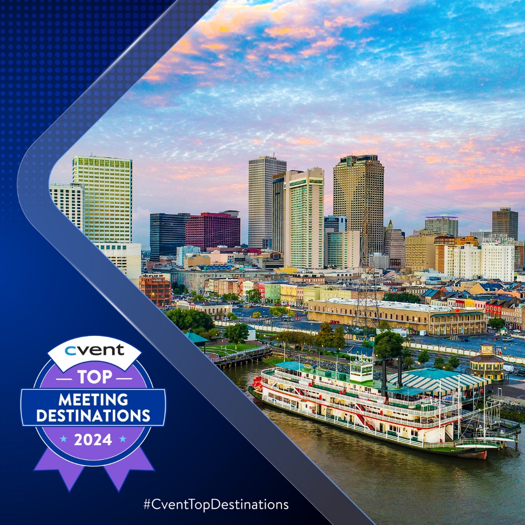 We're THRILLED to announce @cvent has named New Orleans a 2024 Top Meeting Destination in North America! With our unique culture, delicious cuisine & top facilities, NOLA is #BuiltToHost & is perfect for your next event. #CventTopDestinations Learn more: bit.ly/3wCwQQR