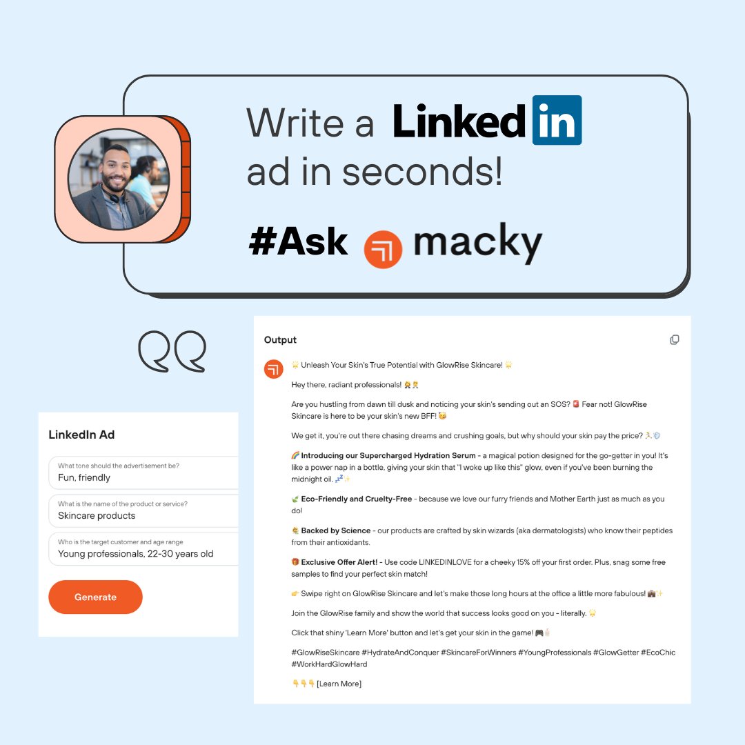 Experience the efficiency of instant LinkedIn content creation with Macky! 💼✨ In just a few seconds, Macky crafts engaging and impactful LinkedIn posts for your business, saving you time and effort while ensuring top-notch content.