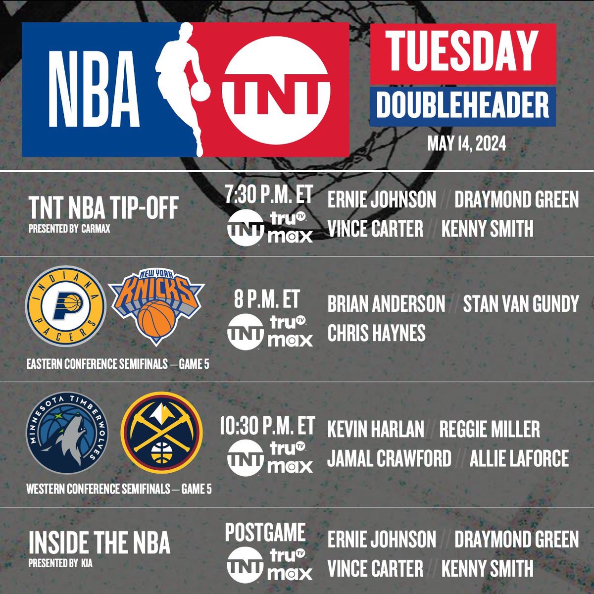 Vince Carter and Draymond Green will BOTH be at the desk tonight in Studio J for TNT’s #NBAPlayoffs pre and postgame coverage!🍿 ⏰ 7:30 PM ET 📺 TNT, truTV, and @SportsonMax!