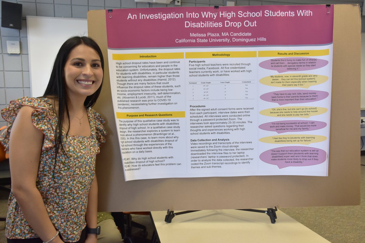 Special Education graduate student Melissa Plaza posing in front of her poster. Her research is titled 'An Investigation Into Why High School Students with Disabilities Drop Out'