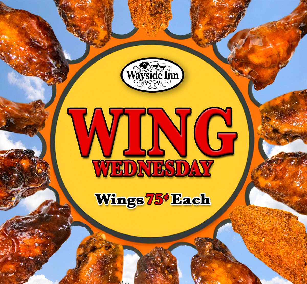 Though the rain falls today and tomorrow, tomorrow brings rays of happiness...Wings. WING WEDNESDAY

Every Wed. 4 – 8 pm

#WingWednesdays #WingLovers #FlavorExplosion #ilovewings #bestwings #waysidewings #winchesterva #middletownfood #vafoodies #wings #HotWings #Virginiadining