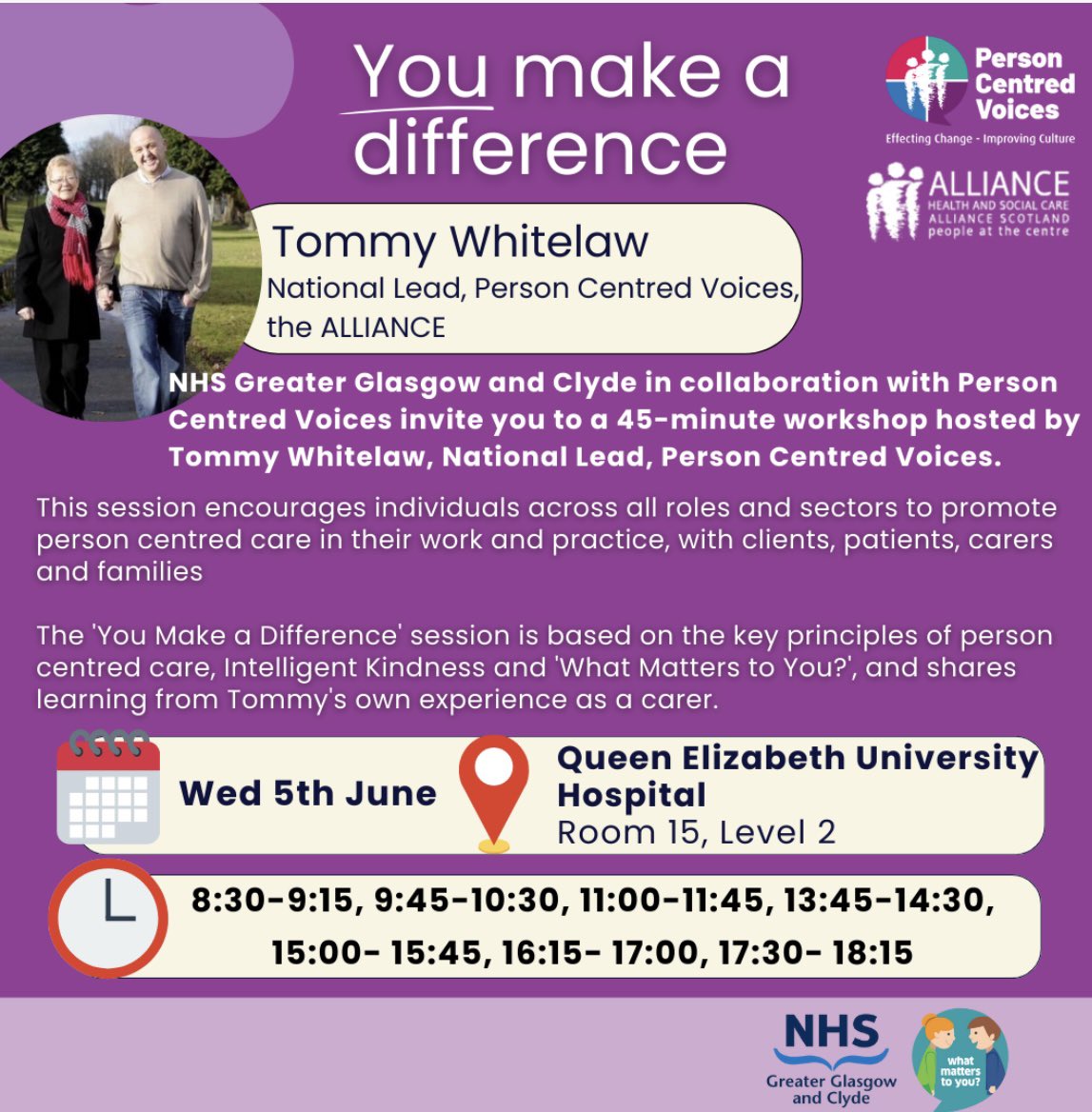 3 weeks tomorrow until @tommyNtour is with us at QEUH. Tommy will deliver 7 drop in sessions in 1 day, on 5th June, based on the key principles of Person centred care, Intelligent kindness and WMTY conversations, we look forward to seeing @NHSGGC staff there. #WMTY24