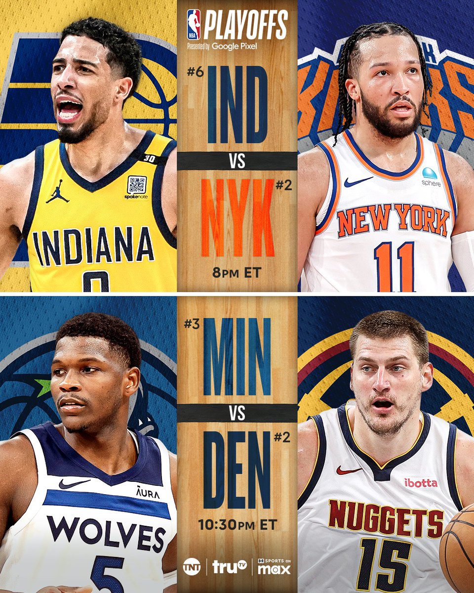 A pair of pivotal and electrifying Game 5s tonight on TNT, truTV, and @SportsonMax! Tune in starting at 7:30 PM ET! 🏀 #NBAPlayoffs 🏀 @Pacers vs @nyknicks 🏀 @Timberwolves vs @nuggets