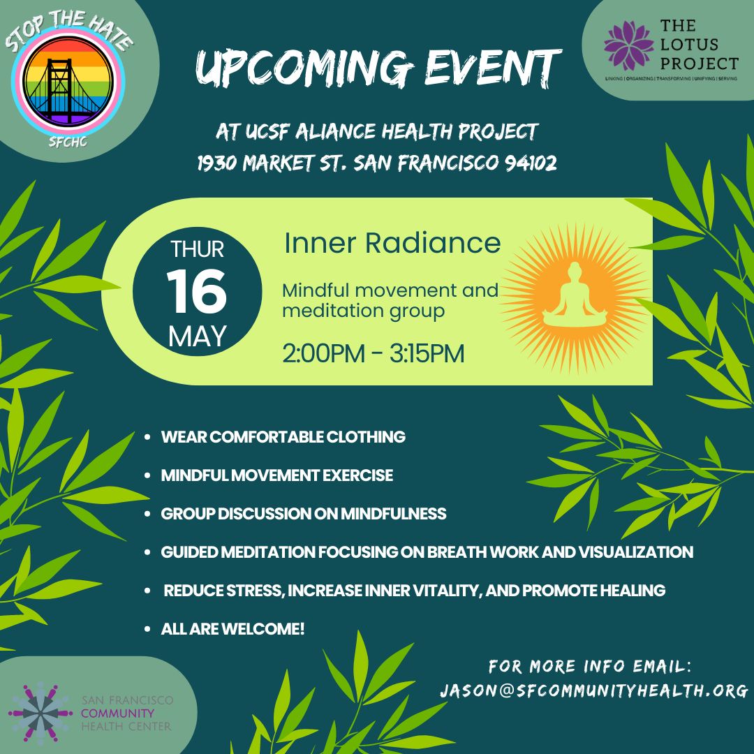 Come join 'Stop the Hate' and @TheLotusProjectSF to recharge and rejuvenate your day. 

#meditation #LGBTQ #AAPI #stopthehate #QTAPI #relax #mindfulness #APIQueer #APIWellness #MindfulSF #SpreadLoveNotHate #EndHate #LoveWins #LoveisLove #EqualityForAll #EmbraceDiversity