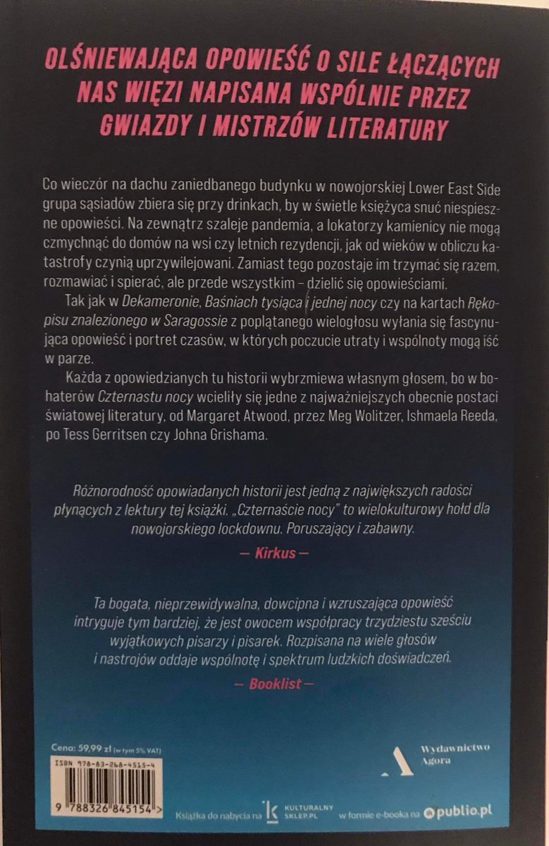 „Czternaście nocy” to bardzo ciekawy wydawniczy eksperyment, w którym uczestniczyło kilkunastu pisarzy. Nie można się od tej powieści oderwać. Dobranoc, kochani! 🌙📚🔥 #TerazCzytam ❤️