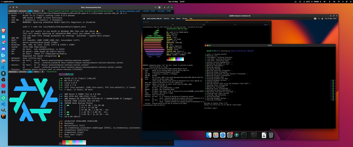 I've been making my Quickemu project macOS-compatible; meaning it can run on a macOS host 🍎 This is NixOS ❄️ running a virtual machine of macOS Ventura 🍏 via Quickemu, which is running a virtual machine of Alpine Linux 🐧 via Quickemu #linux #qemu github.com/quickemu-proje…