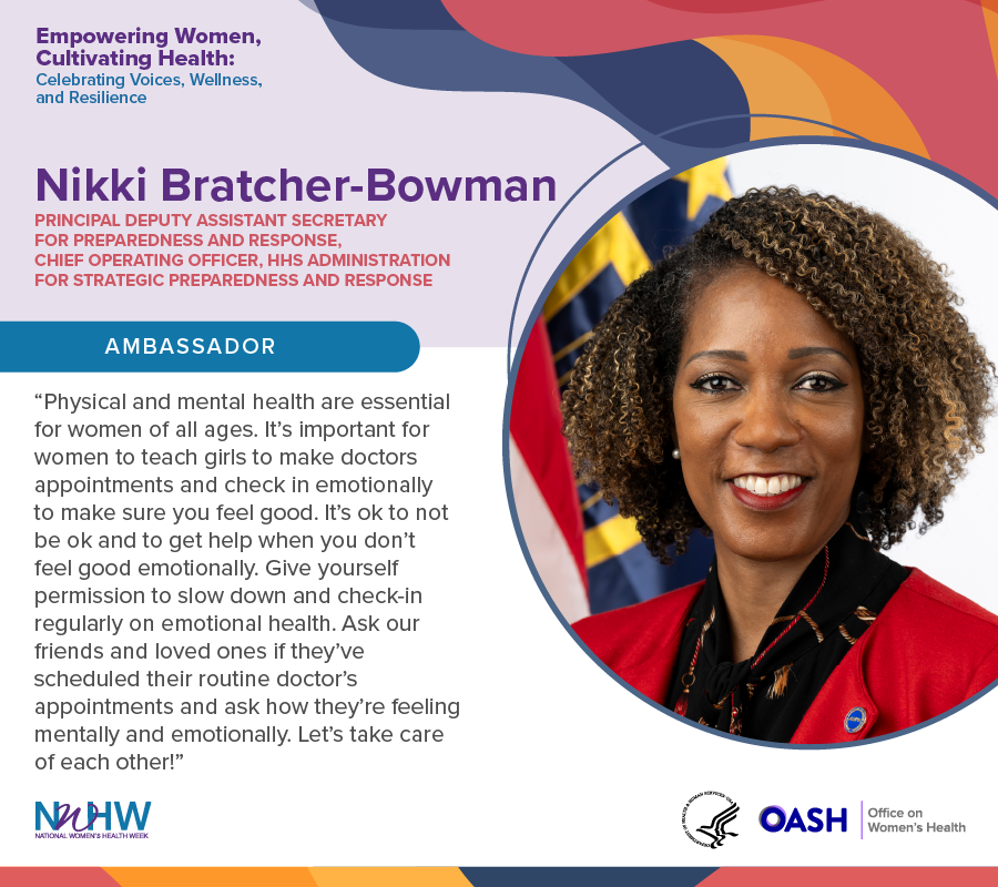 🎉 Happy National Women’s Health Week! Join ASPR’s Nikki Bratcher-Bowman, along with the other 2024 #NWHW Ambassadors, in encouraging women everywhere to take time to nurture your body and mind. womenshealth.gov/nwhw/ambassado…