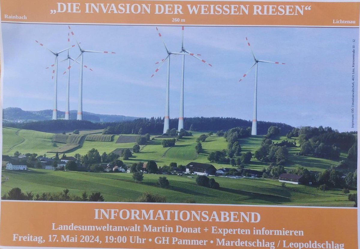 Der Umweltanwalt von Oberösterreich - Autor der roten 'Ausschlusszonen' für Windkraft (s.u.) - lädt zu einem 'Informationsabend', um Stimmung gegen Windkraft zu machen.

So gehen Wettbewerbsfähigkeit und zukunftsfähige Jobs im Industriebundesland flöten. Zum Kopfschütteln...