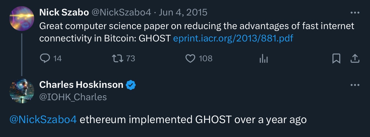 Nick Szabo(Satoshi?) & #cardano founder, chat about the OLD protocols preceding #Kaspa👇 GHOST was invented by the $kas founder its what $eth/ $dot base consensus on see their new protocols on @kaspacurrency, 5 iterations along $sol $qubic $tao $inj $alph $ton $fil $ada $ar