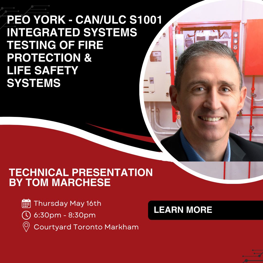 We're excited to support Tom Marchese and his technical presentation - CAN/ULC S1001 - Integrated Systems Testing of #FireProtection and #LifeSafety Systems for the PEO York Chapter!

Learn More Here: buff.ly/3K3aV8C

#FireSafety #Engineering #TechnicalSession
