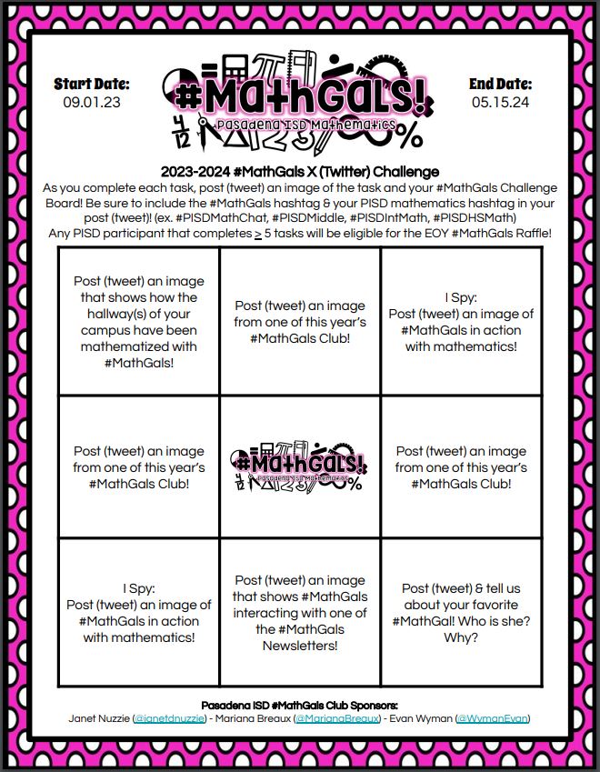 janetdnuzzie's tweet photo. Woohoo! Check out the draft list of entries for our 2023-2024 #MathGals Raffle! If we've missed you/your campus, please let us know ... as posts are sometimes "hidden"! All entries must be posted on/by 05.15.24 (midnight)! #PISDMathChat #PISDMiddle #PISDIntMath #PISDHSMath https://t.co/EQQTjosq0h