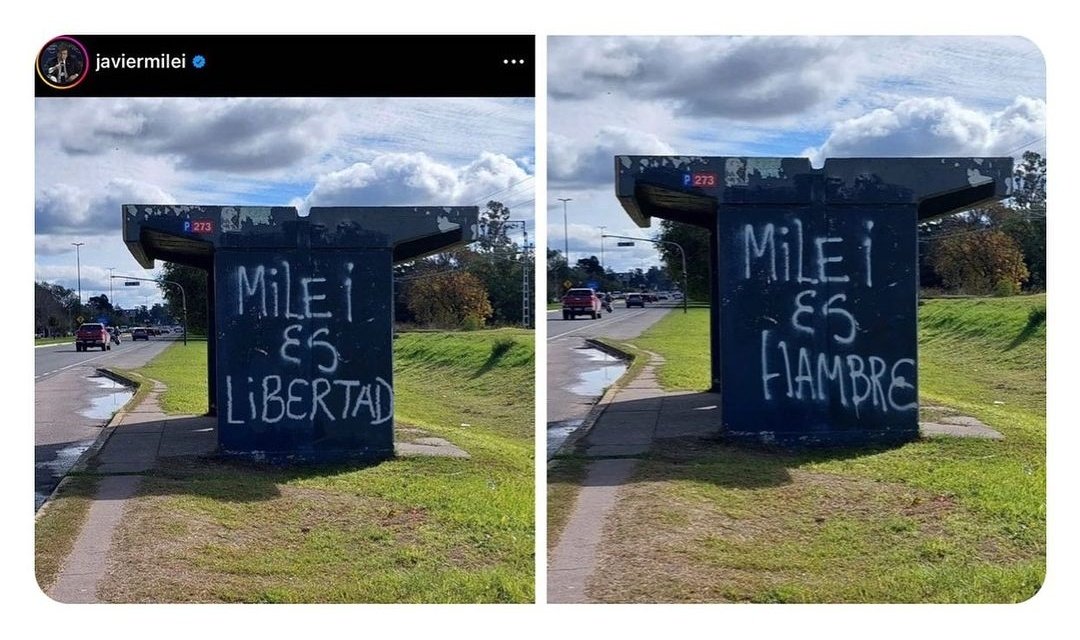 #JavierMilei necesitó generar una foto/fake para simular apoyo callejero mediante un grafiti.
 
- A la izquierda, la imagen que Milei comparte. 
- A la derecha, la imagen real.

#MileiFacultadesAlteradas #MileiMeme #มายอาโป