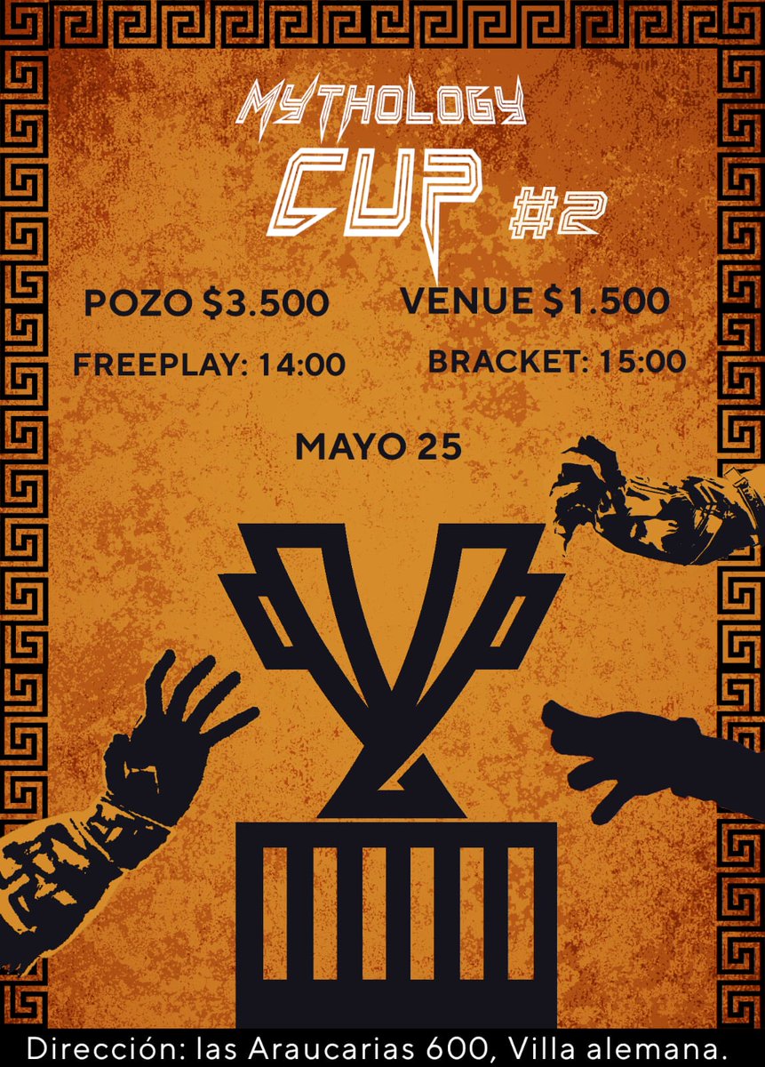 Junto a <a href="/communitycupgg/">CUP</a> les presentamos Mythology CUP #2!
Directamente desde Villa Alemana.
Torneo full Bo5.
Todo aporte de consolas o monitores es bienvenido!
Inscripciones con <a href="/this_is_eliecer/">El Profe Eliecer</a>.

Graphic by <a href="/SeightJam/">SeightJam</a>