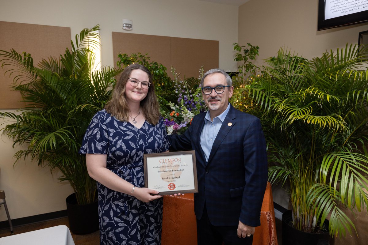 This year, ESED Ph.D. Candidate Sarah Otterbeck won the Excellence in Leadership (2024) award, presented to her by Dr. John Lopes, Associate Provost and Dean of the Graduate School, at the Graduate Student Government Award ceremony.

Congratulations, Sarah!