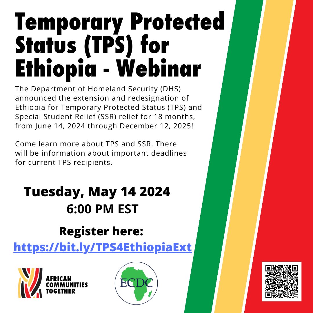 Today at 6:00pm EST! Celebrate the extension and redesignation of #TPS4Ethiopia. Join our webinar to learn about eligibility, deadlines, and how you can help spread the word. Register: bit.ly/TPS4EthiopiaExt #EthiopiaCrisis