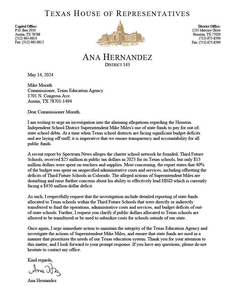 Ana Hernandez (@anahdztx) on Twitter photo Following the report by <a href="/SpectrumNews1TX/">Spectrum News 1 Texas</a> , my office has formally requested TEA launch an investigation into the use of Texas public dollars being diverted to pay for out-of-state schools under Superintendent Mike Miles's leadership.
Read the report here spectrumlocalnews.com/tx/austin/news… Following the report by <a href="/SpectrumNews1TX/">Spectrum News 1 Texas</a> , my office has formally requested TEA launch an investigation into the use of Texas public dollars being diverted to pay for out-of-state schools under Superintendent Mike Miles's leadership.
Read the report here spectrumlocalnews.com/tx/austin/news…