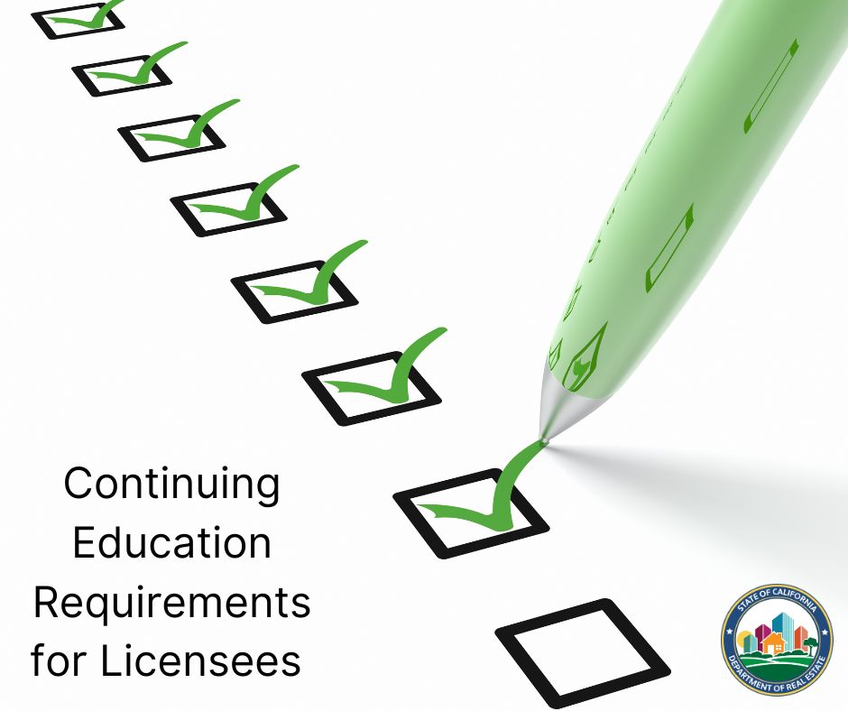 CA_DRE's tweet photo. If you’re a DRE licensee looking for continuing education requirements, we’ve got you covered. Details here: https://t.co/mfJAKNAhrN https://t.co/5AdkKd3RId