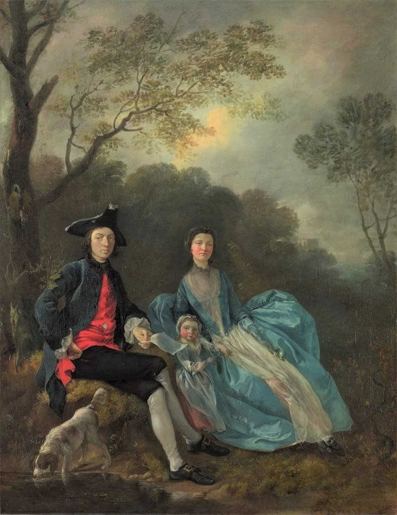 2/2 Two years earlier, developing the formula: the artist with his wife and daughter (but no huge estate) in 1748. Only 21, & not a bad painter! Thomas Gainsborough, born on this day in 1727.