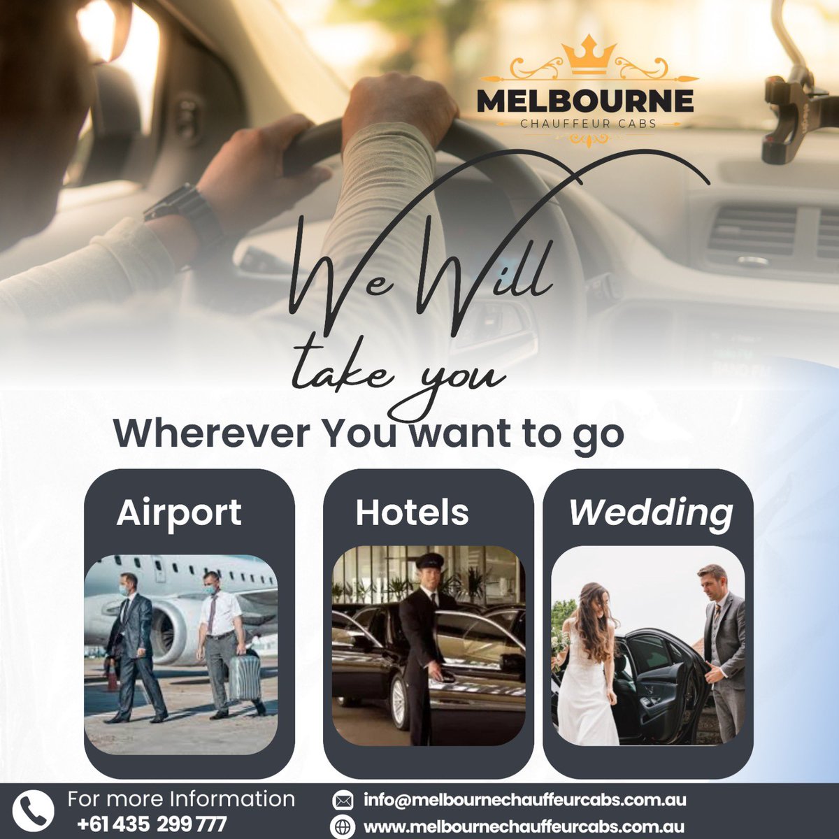 🚖 Melbourne Chauffeur Cabs 🚖 Your one-stop shop for all transport solutions! 🌟 From airport transfers and hotel pickups to conference shuttles, cruise transfers, wedding transportation, winery tours, and more. Sit back, relax, and let us take the wheel. 🍇🥂 📞 Call us at: