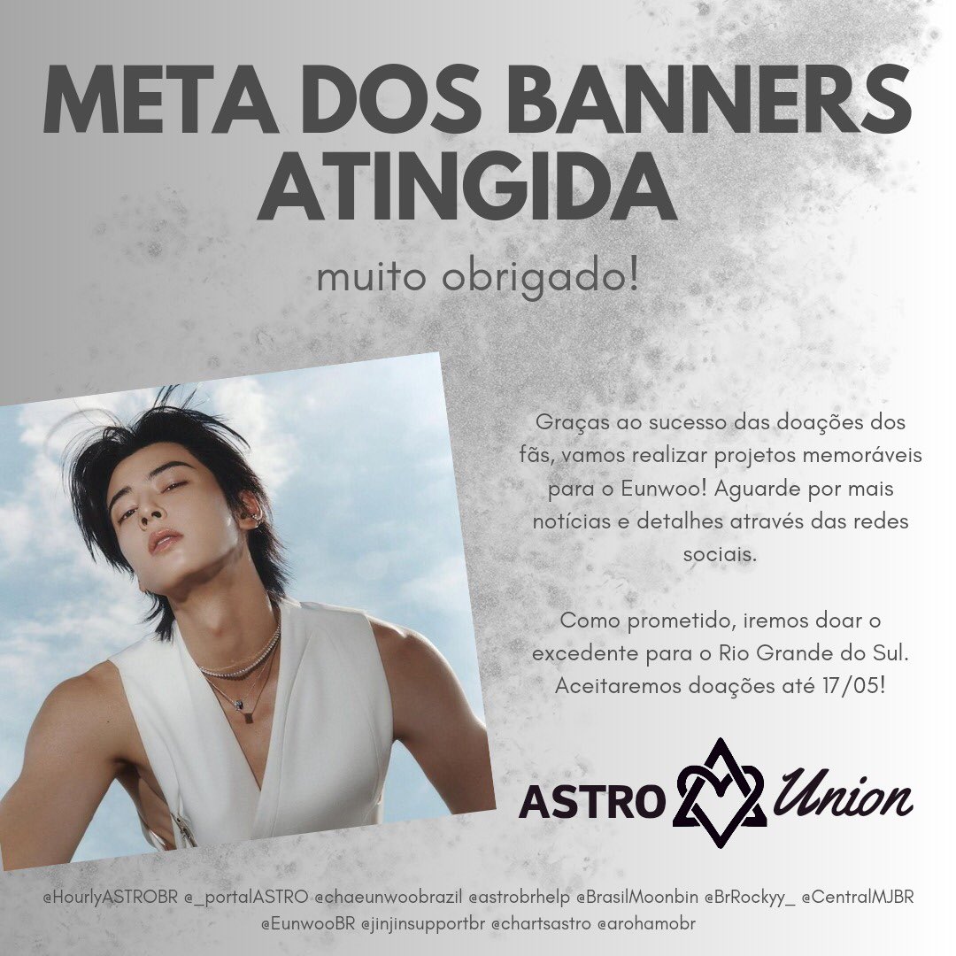 CentralMJBR's tweet photo. [CHA EUNWOO NO BRASIL]

Pessoal, conseguimos atingir a meta em menos de 24 horas!!!! 🥹💜

Agradecemos demais a todos que doaram e ajudaram na divulgação!
Vamos receber doações até o dia 17/05, pois o excedente será enviado para às vítimas das enchentes no RS. 🙏 https://t.co/DaAPloUdkg