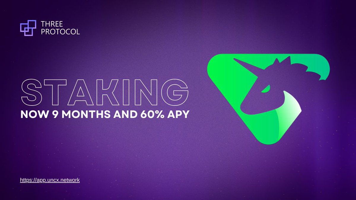 🟪 Three protocol have increased the ERC20 staking pool to 9 months. 🟪 You can now stake your tokens for 9 months & receive a minimum of 20% APY, current rate: 60% APY. 🟪 Stake for 3 months and receive a 10% boost! 🟪 Stake your tokens here - app.uncx.network/chain/mainnet/…