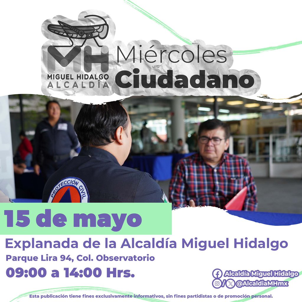 Porque las y los vecinos merecen la mejor atención para realizar sus reportes y gestiones, en nuestro #MiércolesCiudadano el equipo de la Miguel Hidalgo te escuchará atento para darte soluciones. Te esperamos este 15 de mayo en la explanada de la alcaldía de 9 a 14 Hrs.👥