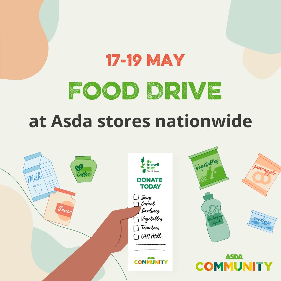 Do you shop at @Asda? 🛒 

This weekend, food banks across the UK will be doing food drives at lots of Asda stores!  

👀 Keep your eyes peeled for our amazing volunteers – and if you can, please pick up a few extra items to donate. 💚